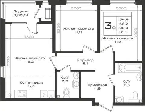 Планировка 3Е-к.кв