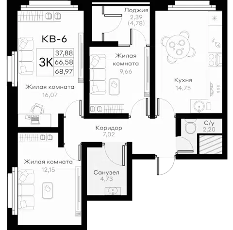 Планировка 3-к.кв