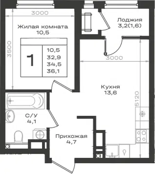 Планировка 1-к.кв