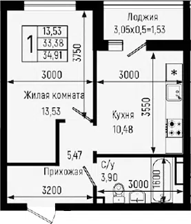 Планировка 1-к.кв