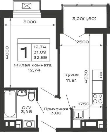 Планировка 1-к.кв