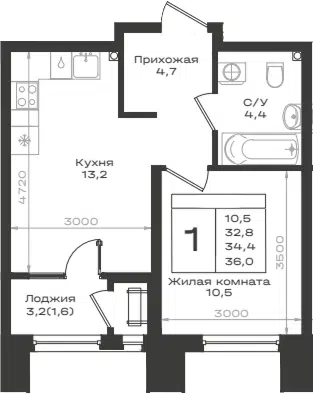 Планировка 1-к.кв