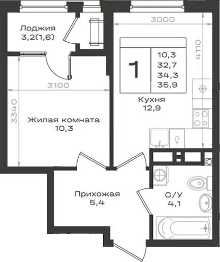 Планировка 1-к.кв