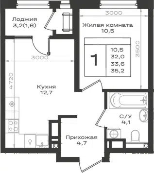Планировка 1-к.кв