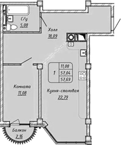 Планировка 1-к.кв