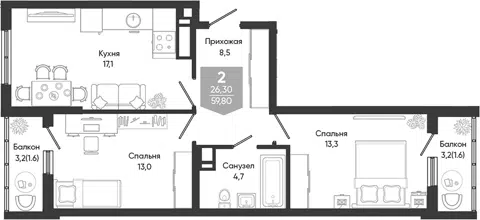 Планировка 3Е-к.кв