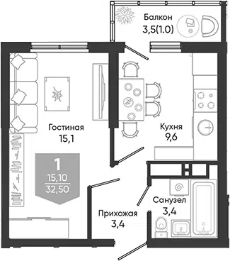 Планировка 1-к.кв