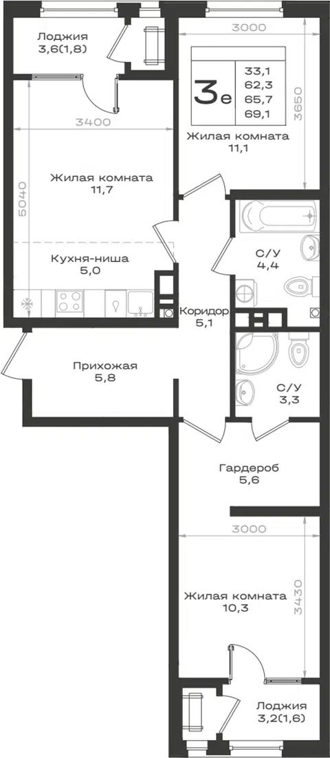 Планировка 3Е-к.кв
