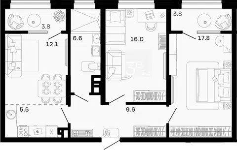 Планировка 3Е-к.кв