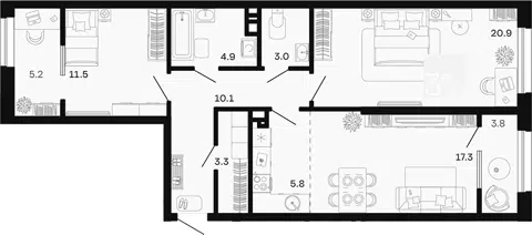 Планировка 3Е-к.кв