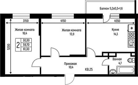 Планировка: 2-к.кв