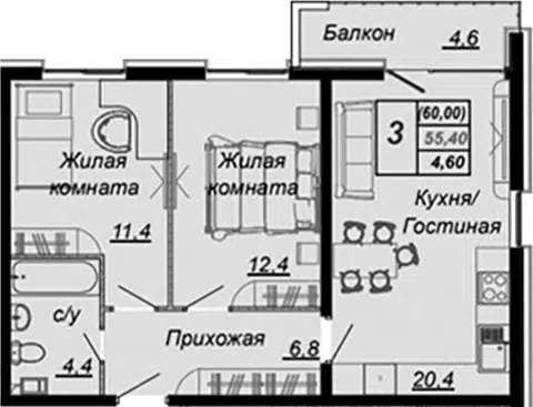 Планировка 2-к.кв