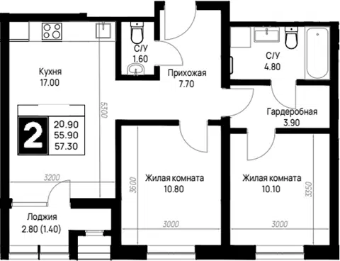 Планировка 2-к.кв