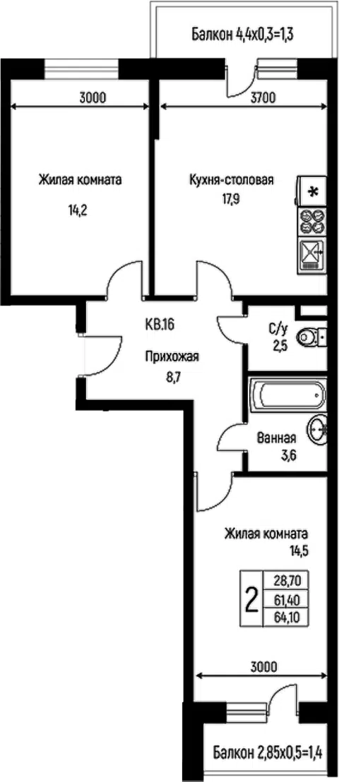 Планировка 3Е-к.кв