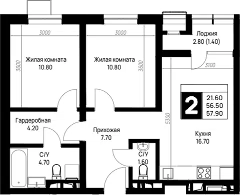 Планировка 2-к.кв