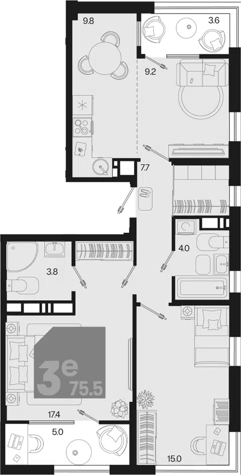 Планировка 3Е-к.кв