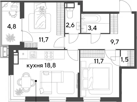 Планировка 3Е-к.кв