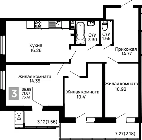 Планировка 3-к.кв