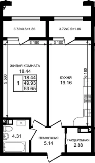 Планировка 1-к.кв
