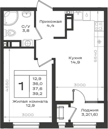 Планировка 1-к.кв
