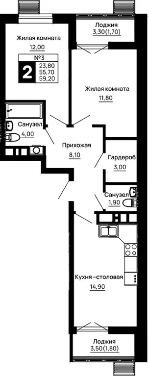 Планировка 2-к.кв