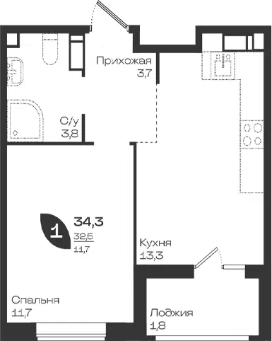 Планировка 1-к.кв