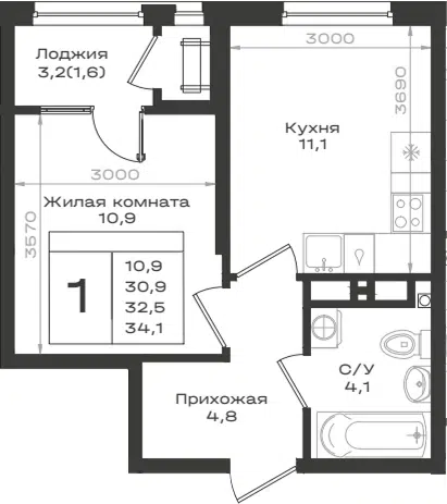 Планировка: 1-к.кв