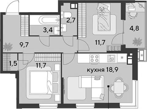 Планировка 3Е-к.кв