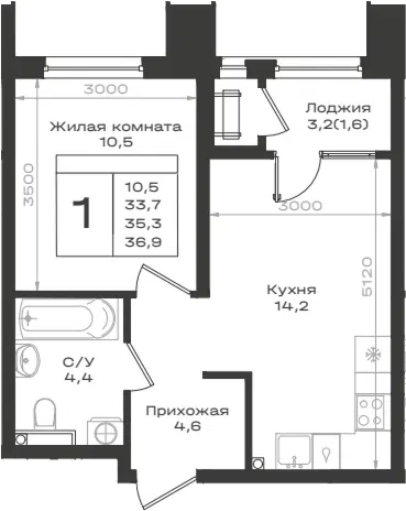 Планировка 1-к.кв