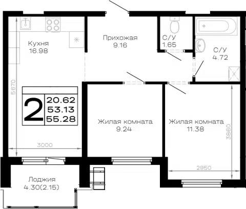 Планировка 2-к.кв