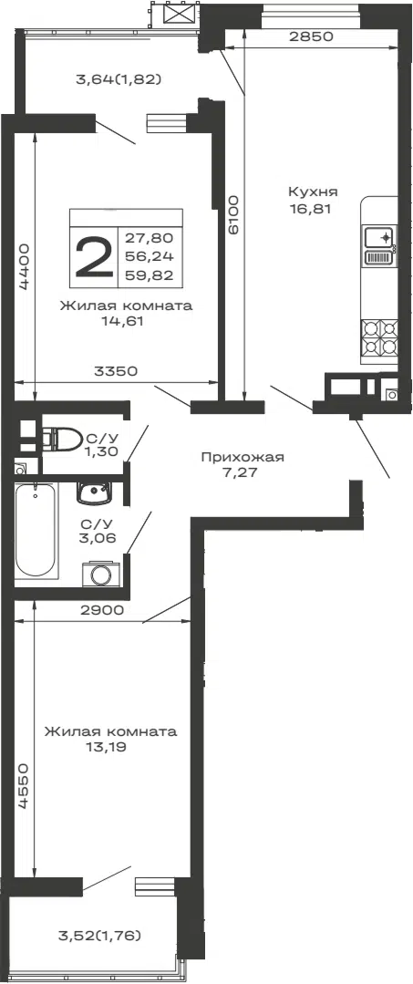 Планировка 2-к.кв