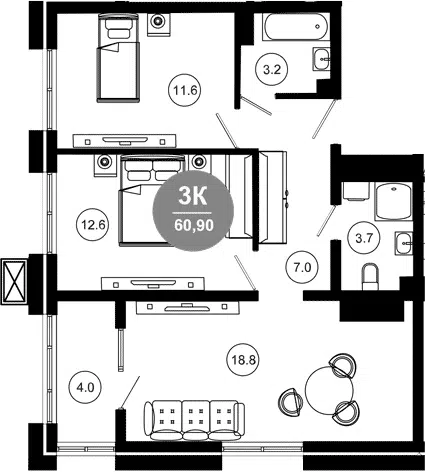 Планировка 3Е-к.кв