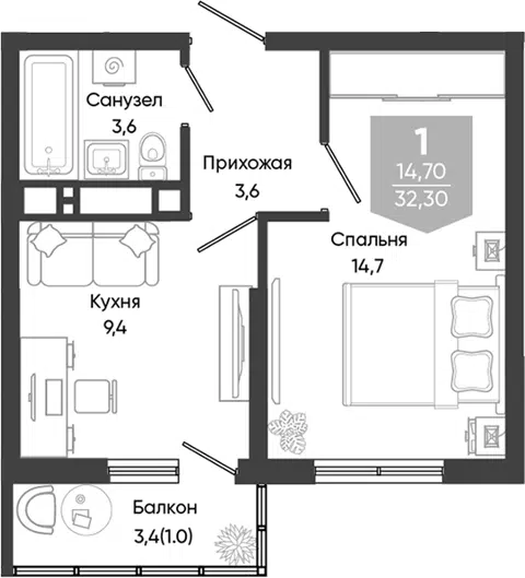Планировка 1-к.кв