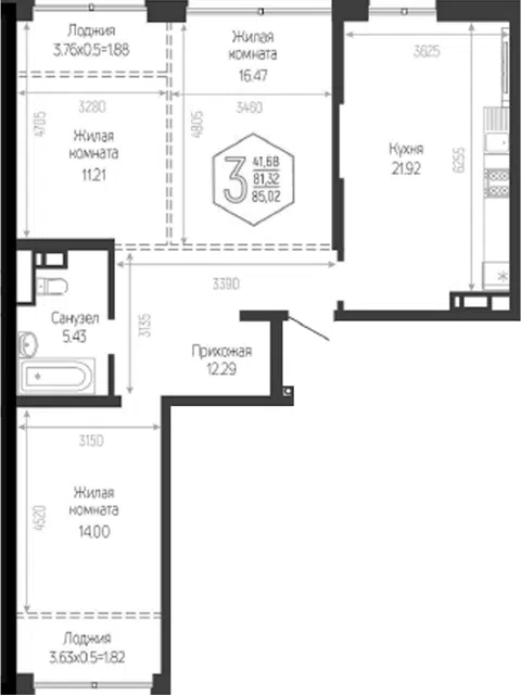 Планировка 3-к.кв