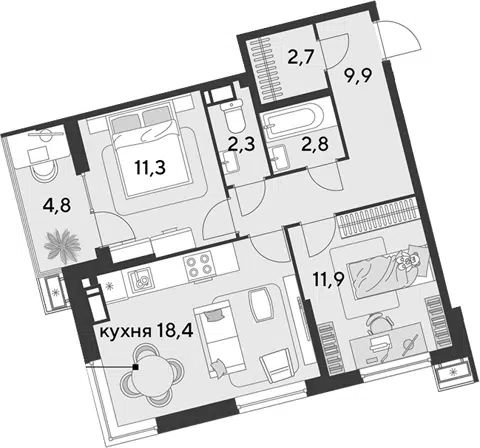Планировка 3Е-к.кв