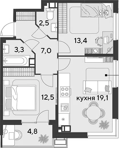 Планировка 3Е-к.кв