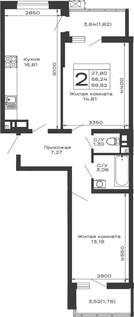 Планировка 2-к.кв
