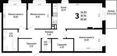 Планировка 3-к.кв