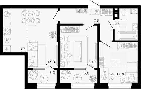 Планировка 3Е-к.кв