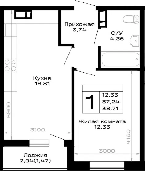 Планировка 1-к.кв