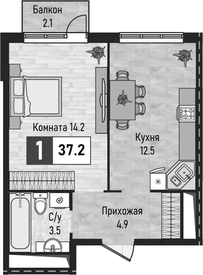 Планировка 1-к.кв