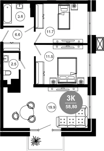 Планировка 3Е-к.кв