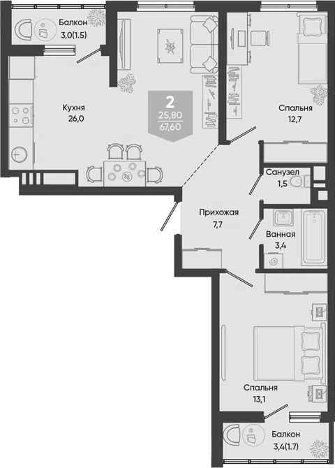 Планировка 3Е-к.кв