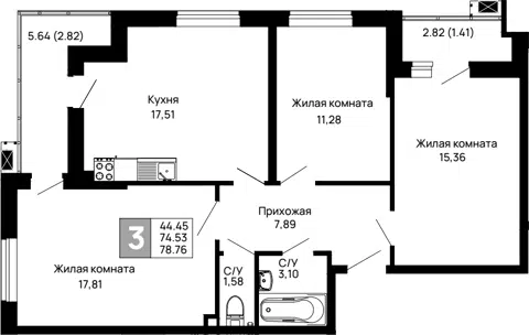 Планировка 3-к.кв