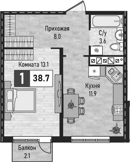 Планировка 1-к.кв