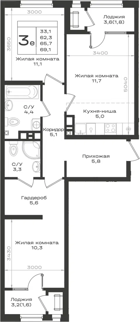 Планировка 3Е-к.кв