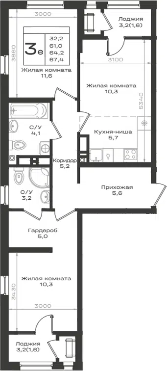 Планировка 3Е-к.кв