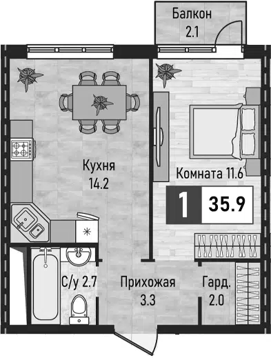 Планировка 1-к.кв
