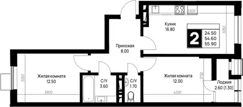 Планировка 2-к.кв