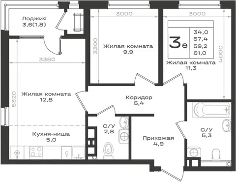 Планировка 3Е-к.кв